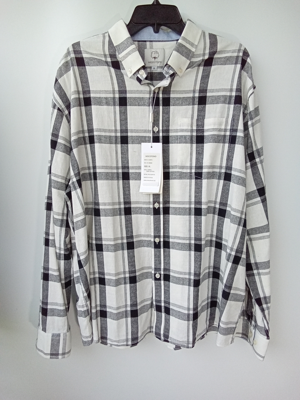 Mocotono Men's Plaid Button Down Long Sleeve Cotton Shirt Cream XL NWT